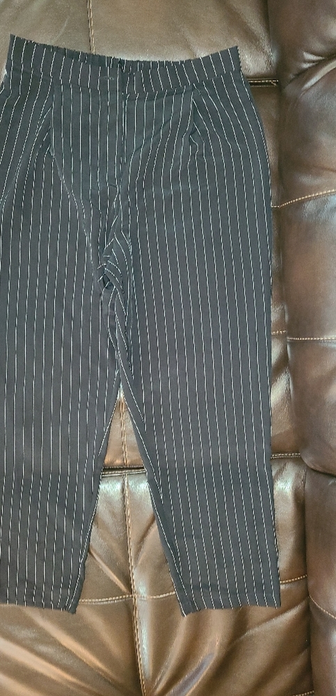 Black dress pants with white stripes